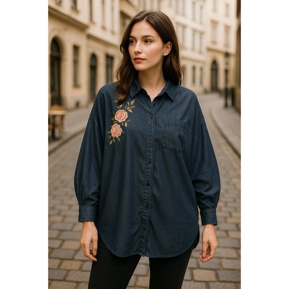 Zara Tops - Zara‎ Oversized Batwing Denim Chambray Embroidered Tunic Women's Size M Western